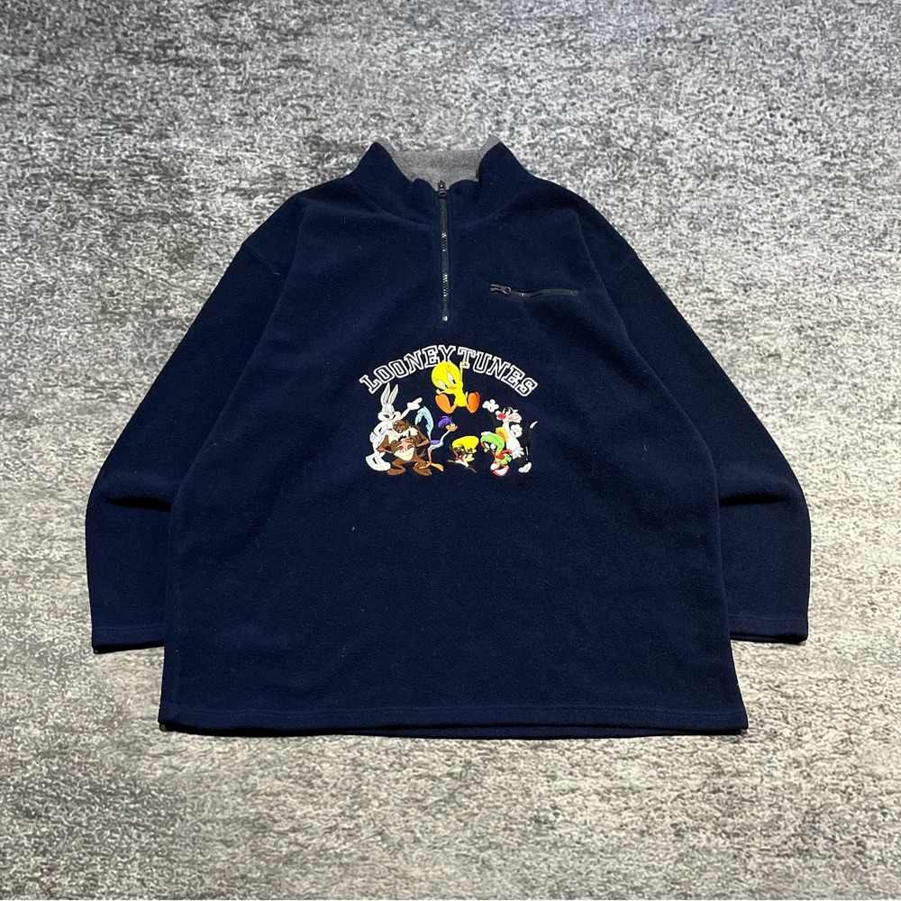 Looney Tunes 1/4 Zip Sweater Pullover Mens XXL Blue Vintage 90s Embroidered